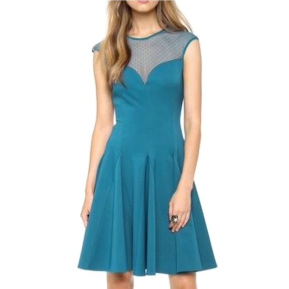 Halston Heritage Mesh Pointe Flare Dress Dark Cadmium Size Small - Picture 3 of 8